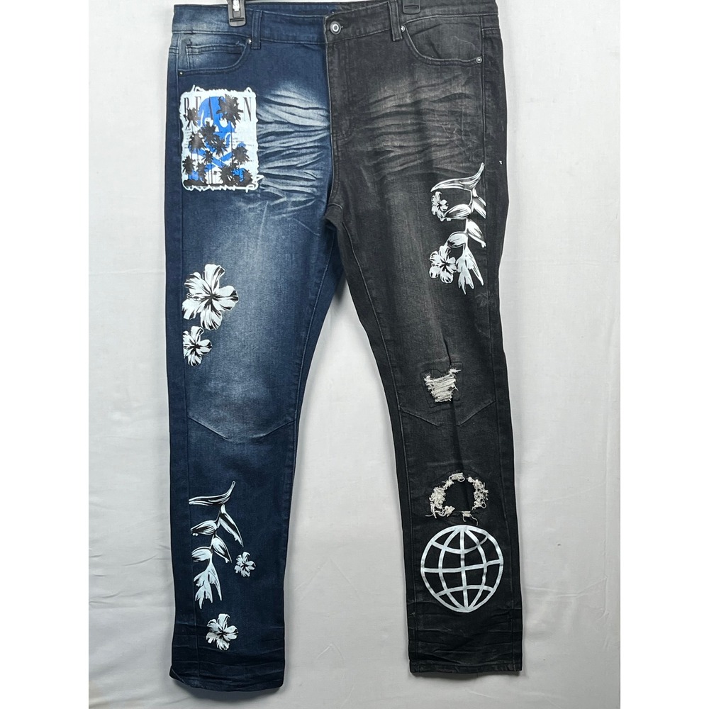 rue21 Premium Supreme Flea‎ Skinny Jeans Two Tone Graphic Distressed 36x32 Blue